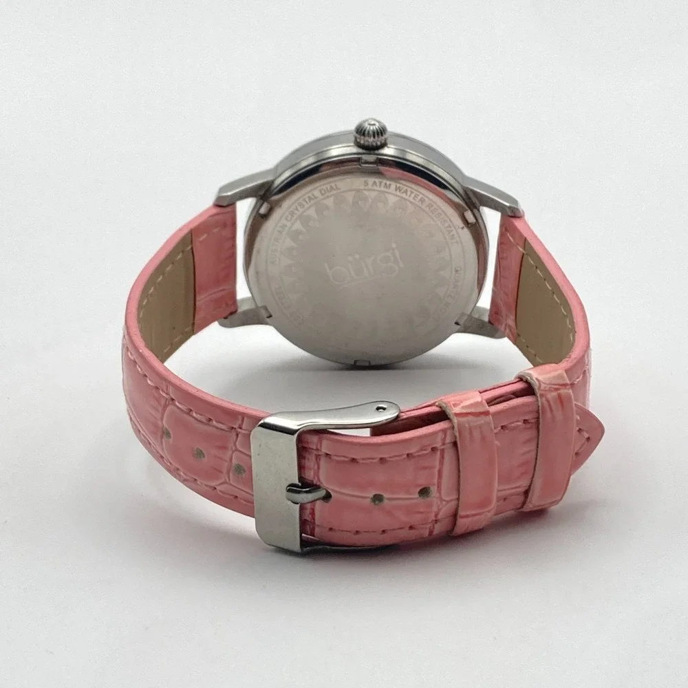 Burgi Women's Watch 36mm Silver Tone MOP Peacock Rainbow Crystals New Battery